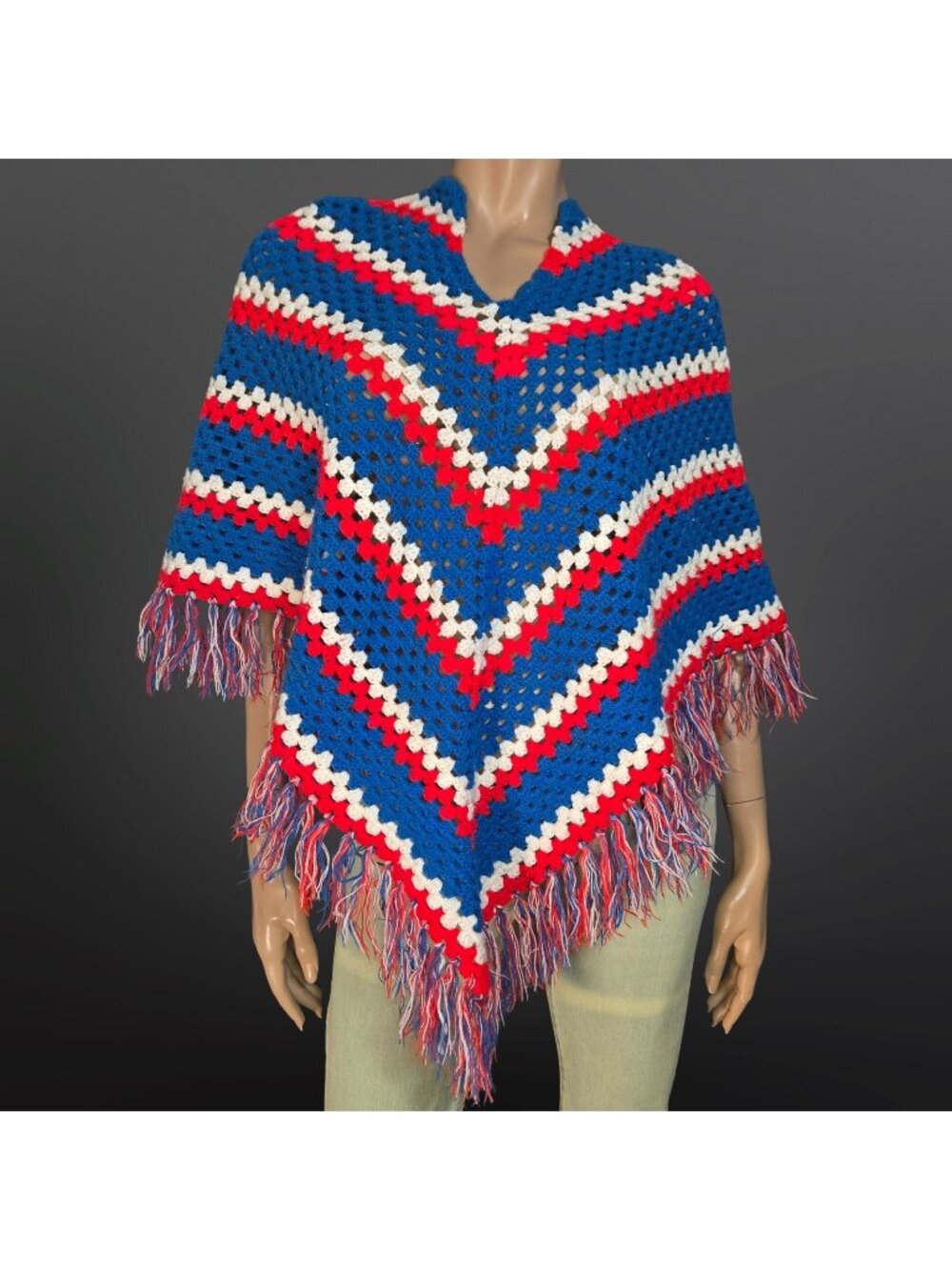 Vintage 70s Fringed Poncho Hand Made Crochet Red White Blue Chevron Striped